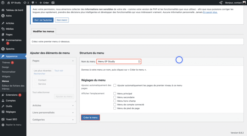 Nommer menu wordpress