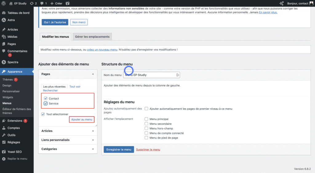 Pages du menu wordpress