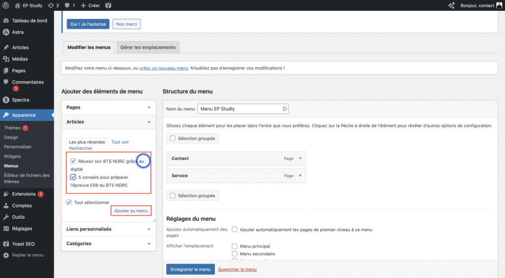 Articles du menu wordpress