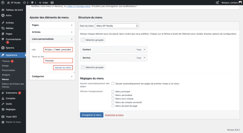 Liens personnalisés du menu wordpress