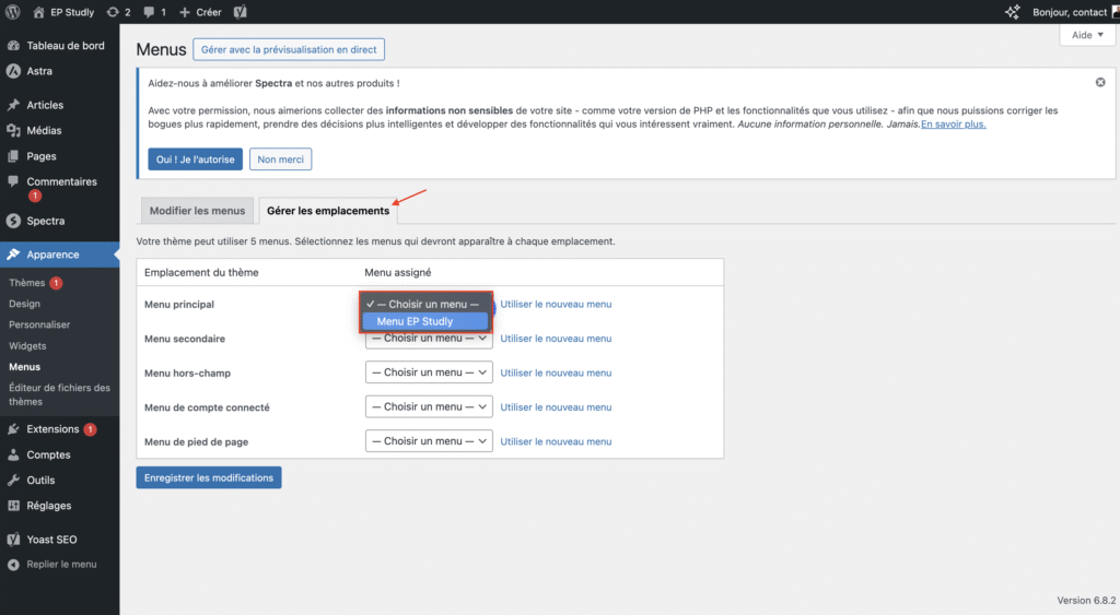 Gérer les emplacements du menu wordpress