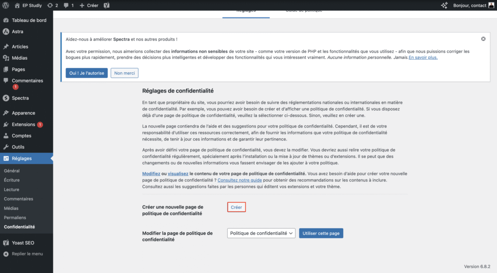 Créer une nouvelle page de politique de confidentialité 