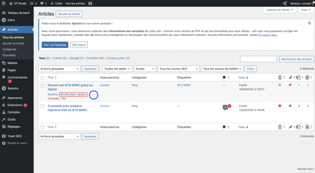 Épingler l’article via « Modification rapide » 
