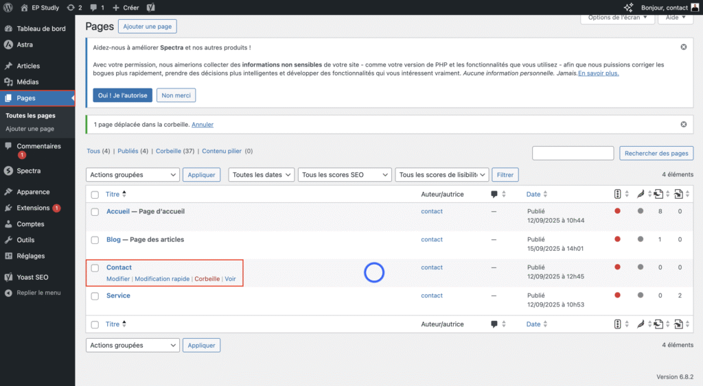 Sélectionner la page contact via le backoffice wordpress