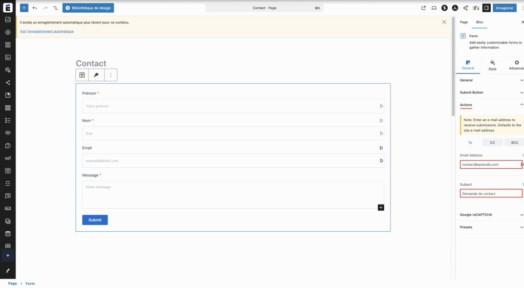 Configurer l’email de réception du formulaire de contact. 