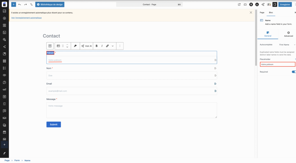 Personnaliser les champs du formulaire