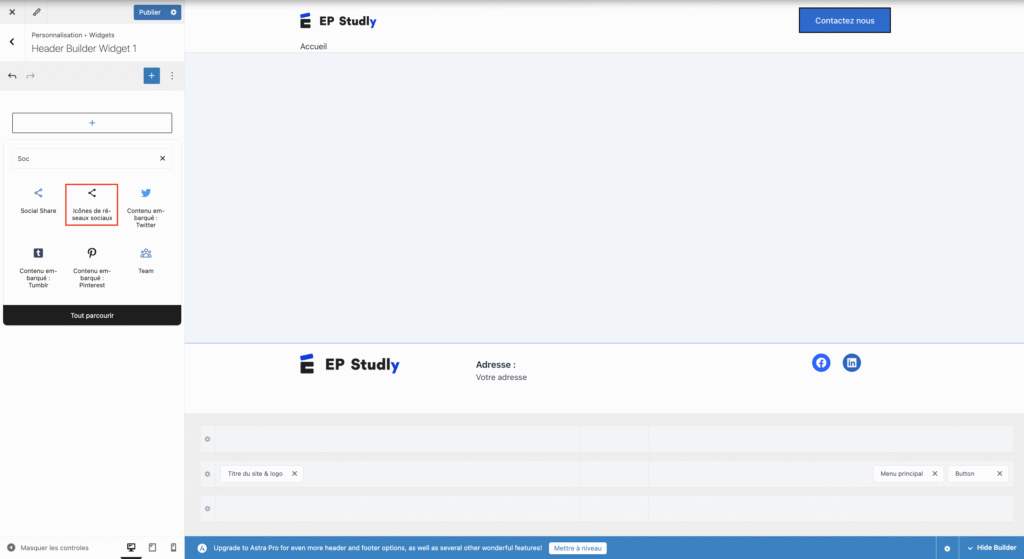 Sélectionner le widget "icônes de réseaux sociaux" 
