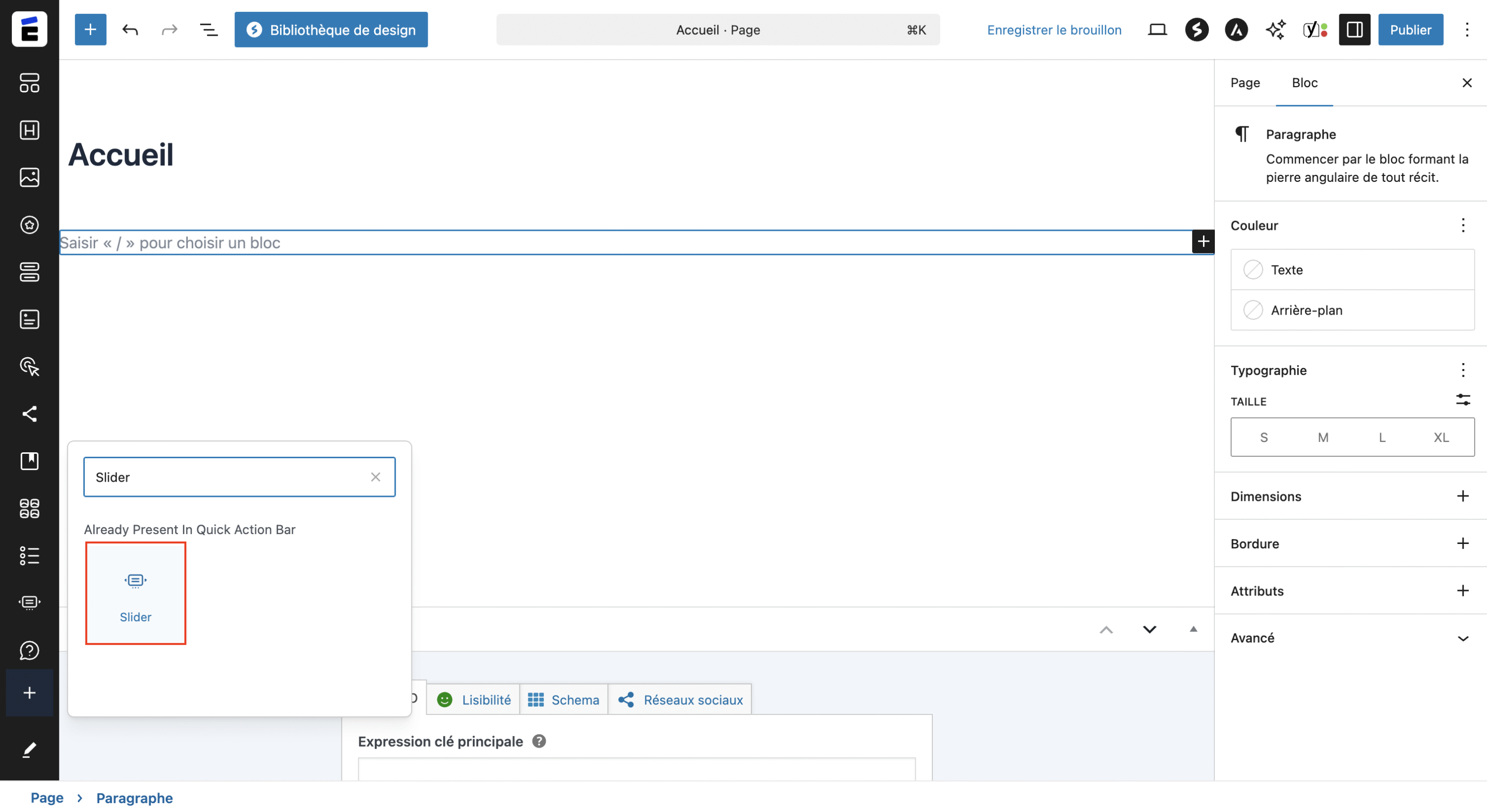 Insérer le widget Slider sur votre page
